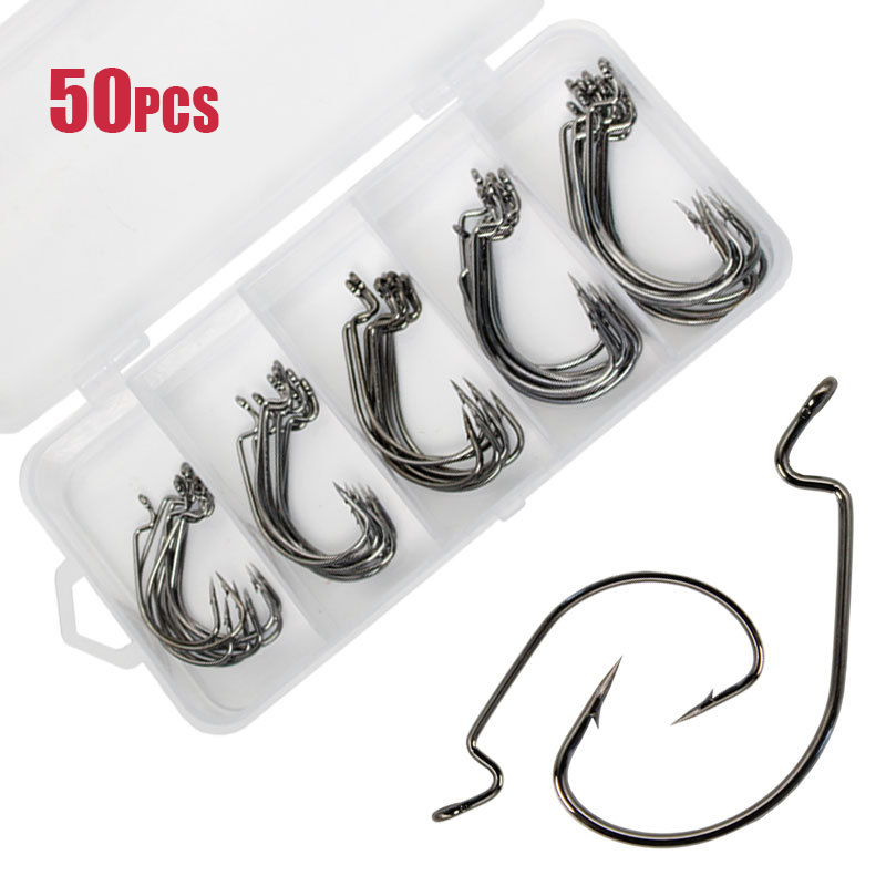 50pcs Wide Worm Hook Carbon St - مراجعة Fishing Hook Offset وسعره